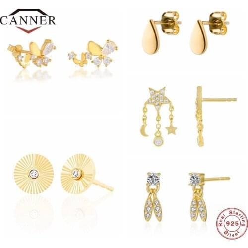 CANNER 100% 925 Sterling Silver Small Exquisite Stud Earrings For Women CZ Zircon Piercing Earring Earngs Jewelry pendientes