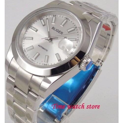 Bliger 40mm MIYOTA silver dial luminous Wrist mens watch saphire glass date polished bezel 162