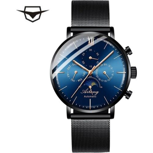 AILANG Luminous Calendar Black Men Watches Casual Luxury Business Waterproof Automatic Week Moon Phase Relogio Masculino 8609