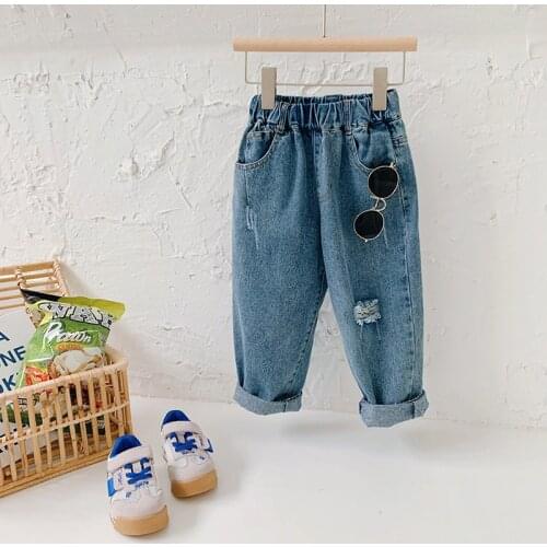 Childrens Jeans 2021 Autumn New Boys Fashion Casual Harem Pants Girls Loose Rolled-edge Ripped Denim Pants Baby Boys Jeans 2-8Y