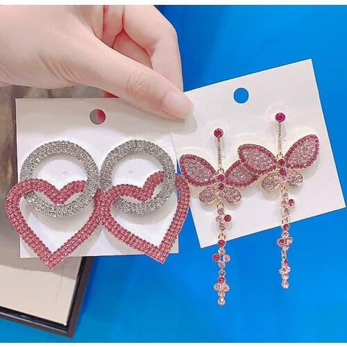 Lifefontier Elegant Pink Full Rhinestone Drop Earrings for Women Love Heart Butterfly Dangle Earrings Korean Party Jewelry Gift