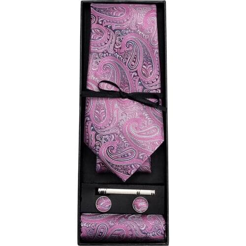 GB-1571 Barry.Wang Paisle Necktiey Set & Gift Box Jacquard Woven Gravata Silk Hanky Cufflink Ties For Men Business Party Groom