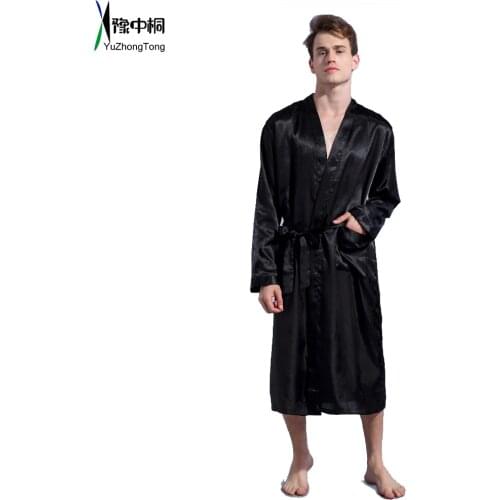 Black Loose Leisure Mens Rayon Satin Robe Gown Solid Kimono Bathrobe Casual Nightwear Sleepwear Pajamas S M L XL XXL TBG0610