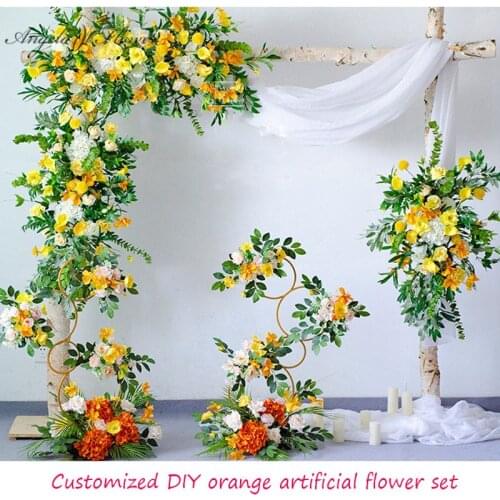 Customized DIY orange artificial flower row wedding arch floral yellow flower arrangement decor for home party event photo props