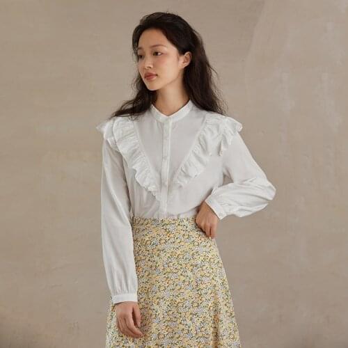 INMAN Autumn Vintage Retro Style Shirt Women Stand Collar Elegant Official Lady Girl Lotus Design Long Sleeve Blouse