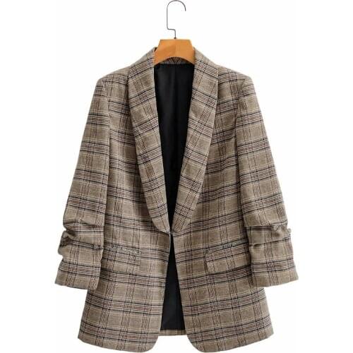 Vintage Chic Plaid Ruched Sleeve Open Stitch Jackets Women Fashion Shawl Collar Long Sleeve Coats Female Outerwear