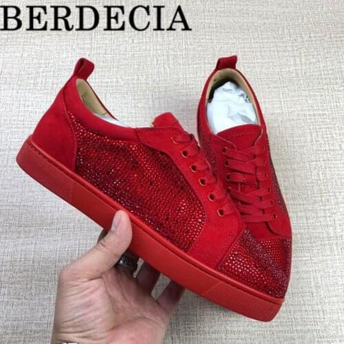 Hot Sale Brand Berdecia Lace Up Leisure Crystal Shoes Men Spring Outside Party Chaussures Flats Classic Male Red Black Sneakers