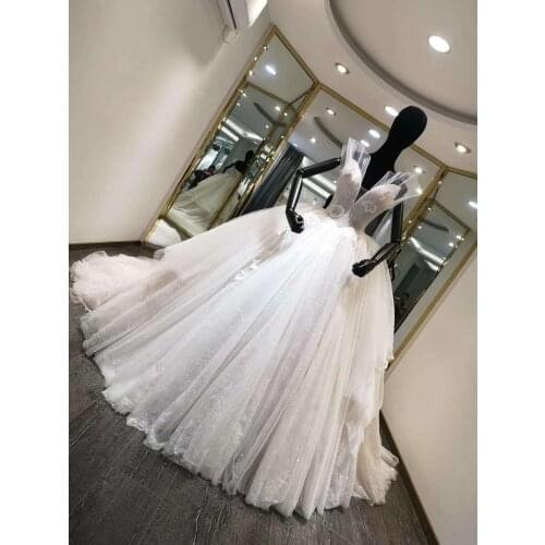 Real Picture Sparkly V-Neck Lace Wedding Dresses Long Sleeveless A-Line Tulle Bridal Gowns with Flower for Women
