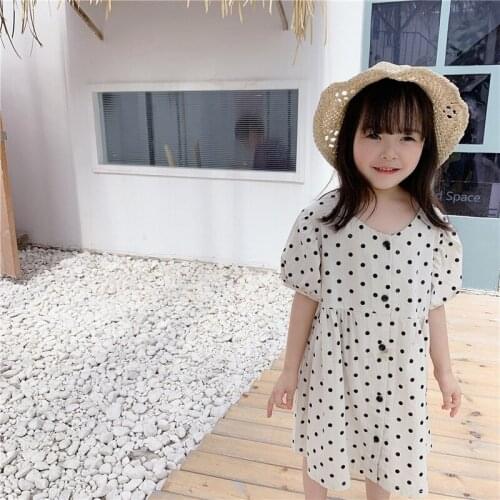2020 childrens clothing new girls Korean summer linen cotton polka dot dress WT08