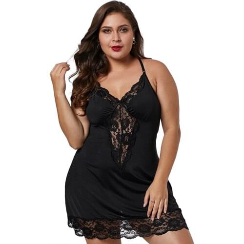 Sexy Lingerie Women Silk Lace Sleeveless Erotic Lingerie V Neck Nightdress Nightgown Short Sleepwear Night Dress Underwear Plus