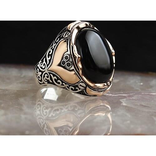Natural Onyx Stone 925 Silver Engraved Traditional Ring Handmade Turkish Signet Rings Rock Jewelry Gift for Women Men