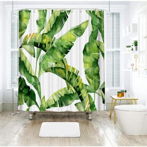 Tropical Shower Curtain Green Banana Palm Leaf Waterproof Fabric Bath Accessories Set with 12 Hooks Bathroom Decor