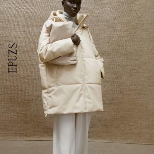 ZA 2021 winter Padded PU Coat women fur leather Parka Jacket Warm hooded coat Long Sleeve Outwear Black long coat