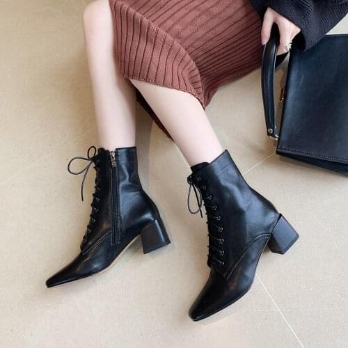 MORDOAN Genuine Sheepskin Lady Boots Women Thick-soled Retro British Style Zipper Square Toe Short Boots Ankle Boots Women