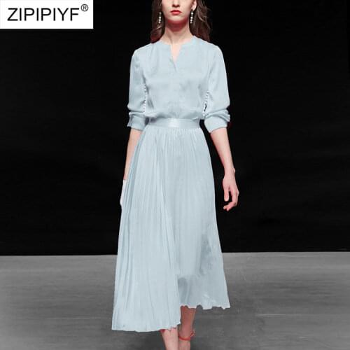 2021 Summer Runway Fashion Noble Fashion V Neck Beading Long Sleeve Blouse High Waist Pleated Skirts Office Lady Women Suit Z242