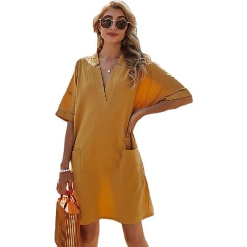 Womens Solid V-neck Pocket A-line Dress Summer Casual Loose Dress Outdoor Vacation Breathable Soft Holiday Party Dress