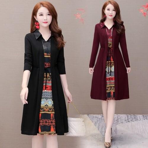 Printed Dress Female 2019 Spring and Autumn New Korean Style Long Temperament Slim Fake Two-piece Dresses Bottoming Shirt f2192