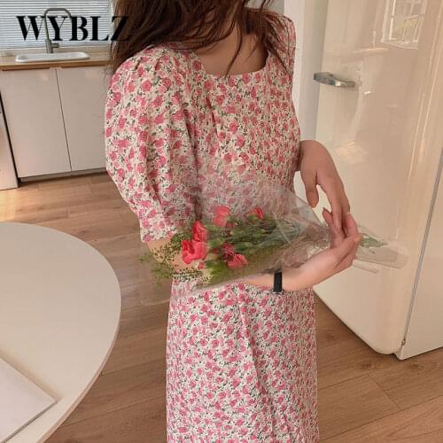 WYBLZ Vintage Summer Womens Dress Retro Casual Elegant Square Collar Short Lantem Sleeve Floral Print Drawstring Party Dresses