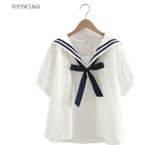 2021 Summer Women Cotton Top And Blouses Preppy Style Sailor Collar Loose Blue White Navy Blouse School Uniform Tops 2117757