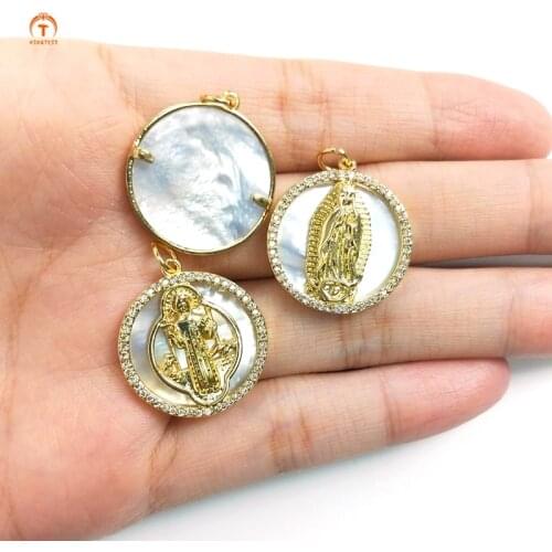 5pcs Round Shell Pendant Religion Charm CZ Micro Pave Religion Round Pendant White Shell Necklaces For Women Jewelry Making