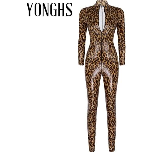 Leopard Print Bodysuit Womens Patent Leather Catsuit Clubwear Stand Collar Long Sleeve Zipper Leotard Slim Fit Fashion Jumpsuit