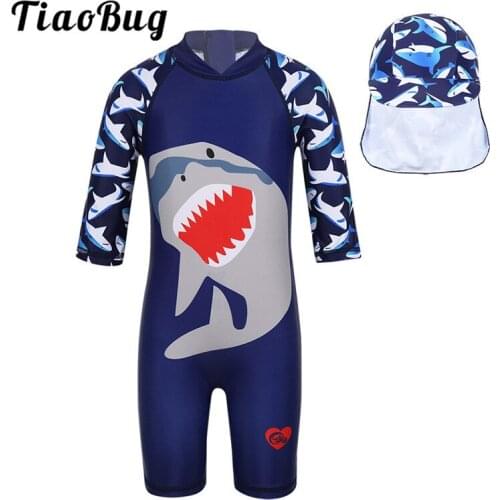 TiaoBug Kids Boys One-piece Shark Printed Zipper Rash Guard Swimsuit Bathing Suit with Swimming Cap Beachwear Children Swimwear