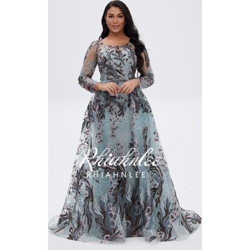 Dubai Design Long Sleeve Evening Gowns Scoop Neckline Lace Beaded Diamont Mermaid Evening Dresses