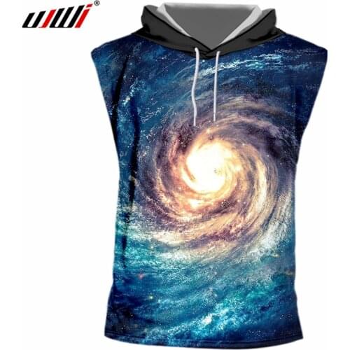 UJWI Mens Casual Tshirt Print Paisley Hooded Sleeveless T-shirts Space Cap Hoody Homme Hip Hop Outift Punk Streetwear Pullovers