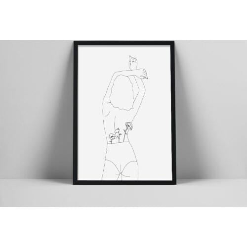 Flower Bottom Art Print | Minimal Line Drawing Woman | Nude Female Back Poster | Woman In Underwear Wall Print | Woman With Flow