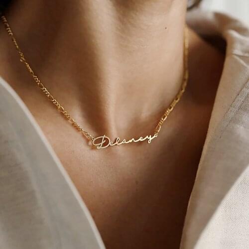 HUHUI Custom Name Necklace Stainless Steel Figaro Chain Personalized Handwritten Name Pendant Unisex Jewelry Anniversary Gift