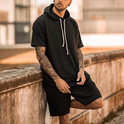 Men Summer Solid Color Outfit Hooded Breathable Black Short Sleeve Loose T-shirt Shorts Set for Running Casual Sets Fashion