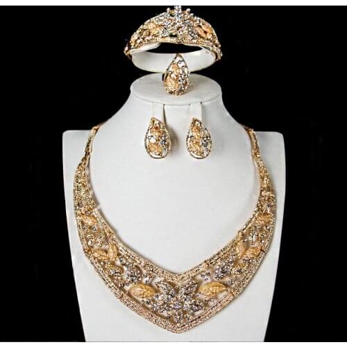 LAN PALACE fashion bridal jewelry sets gold tone earrings necklace ring bracelet 4PCS for party Free shipping