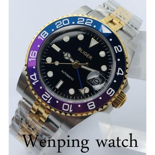 40mm Bliger Mens Top Luxury GMT Mechanical Watch Sapphire Glass Titanium Bezel Black Dial Date Luminous Mens Automatic Watch