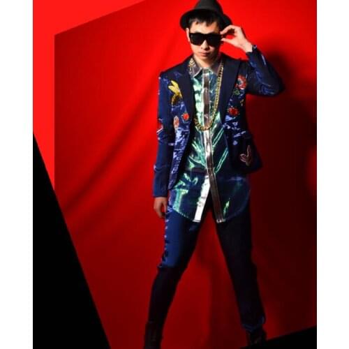 Royal blue stitching embroidery blazer men suits designs jacket mens stage singers clothes dance star style dress