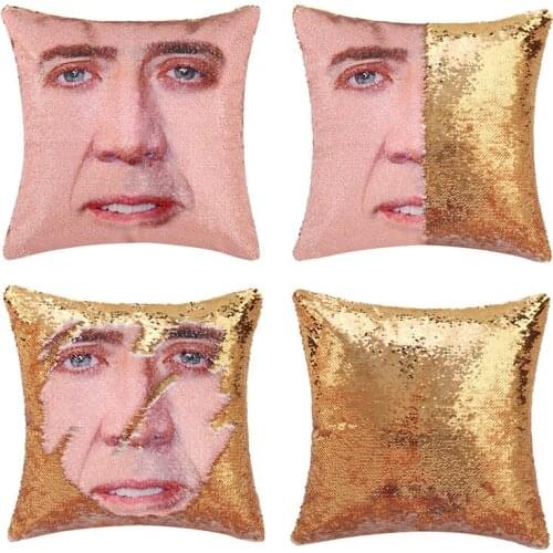 40*40CM Pillowcases Nicolas Cage Reversible Sequin Pillow Cover Double-sided Sequins Pillow Cases Printed Characters Pillowcase