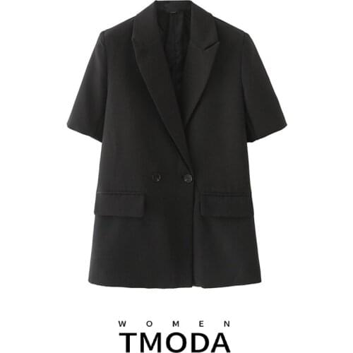 TMODA1314 Women Fashion Short Sleeve Fitting Blazer Coat Office Ladies Pockets Casual Suits Double Breasted Chic Summer Tops