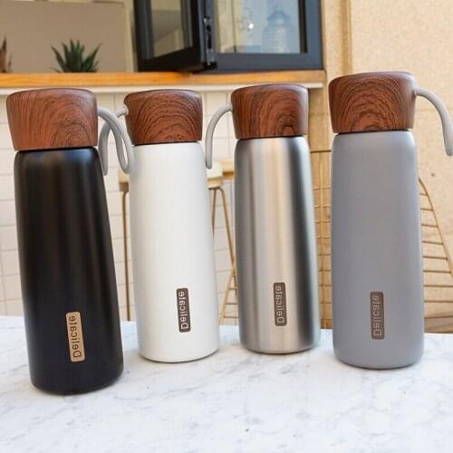 Portable Rope 500ml Thermos Water Bottle 304 Stainless steel Milk&Tea Thermos cup With Wood Lid Students Vacuum Flask