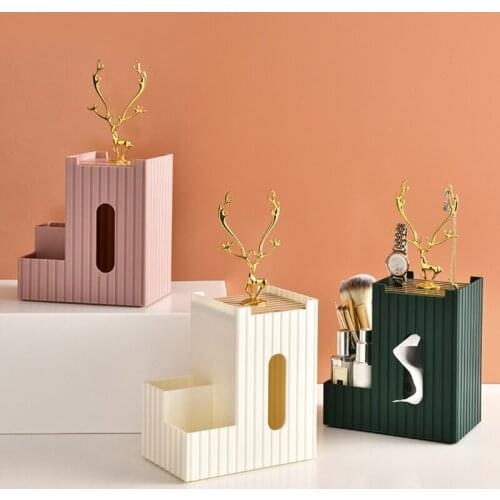 94PF Luxury Multifunction Tissue Box Cover Elk Antlers Jewelry Holder Remote Control Cosmetics Bedroom Desktop Organizer