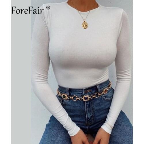 Forefair Sexy Basic Long Sleeve Ribbed Knit Bodysuit Women Autumn Winter Fleece Inside Warm Solid Sheath Street White Bodysuit