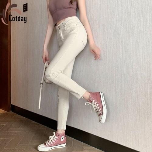 Cotday Spring New Womens Slim Decoration Height Waist White Show Thin Leg Pants Lady Temperament Versatile Off White Jeans Pant