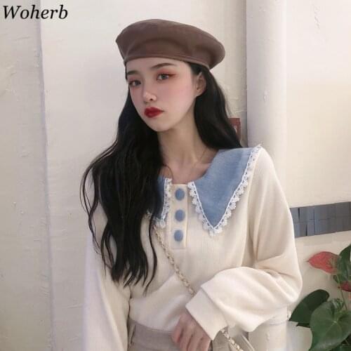 Woherb 2020 Cute Cardigans for Women Lace Peter Pan Collar Casual Knit Jackets Button Up Knit Cardigans Outwear Sweaters
