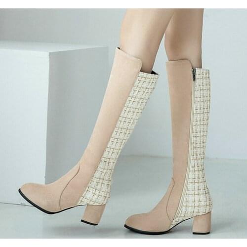 Black Apricot Faux Suede Women Knee High Boots Patchwork Fashion Round Toe Calf Boots Side Zipper Square Heel Winter Boots