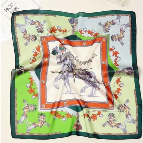 POBING Silk Scarf Woman Spain Horse Print Square Scarves Luxury Bandanas Small Hijab Foulards Lady Tie Headband 53x53CM