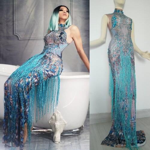 Fashion Blue Rhinestone Tassel Party Dress Women Birthday Celebration Crystal Fringes Dress Prom Bodycon Dress Singer Stage Wear
