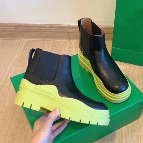 2021 Design Green Thick Sole Ankle Boots Women Genuine Leather Round Toe Short Boots Woman Casual Pumk Boots Mujer Chelsea Boots