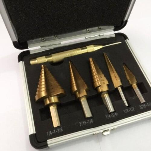 Aluminum box 6PC six-piece pagoda drill bit step drill including 1/8-1/2 3/16-1/2 1/4-3/4 3/16-7/8 1/4-1-3/8 size