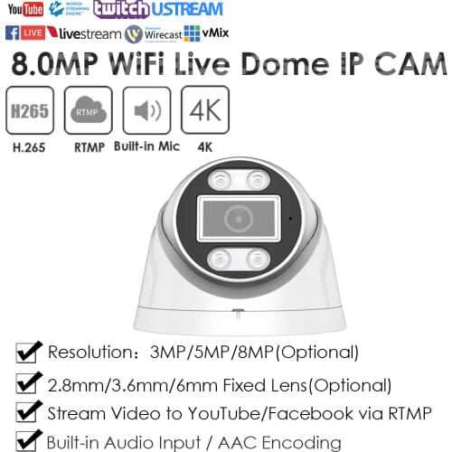 H.265 H.264 2.0MP 4.0MP HD Wireless WiFi IR Dome Live Streaming IP Camera Push Video Stream to Youtube/Wowza by RTMP AAC Audio