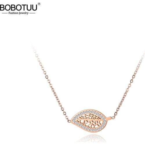 BOBOTUU Trendy Clay AAA Zircon Stainless Steel Chain Pendant Necklace Rose Gold Leaves Chokers Necklaces For Women Girl BN19046