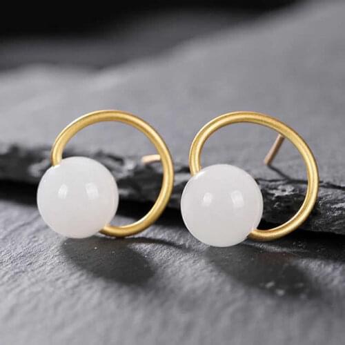 Pure S925 Silver Earrings White Jadeite Hetian Jadeite Beads Stud Earrings For Women