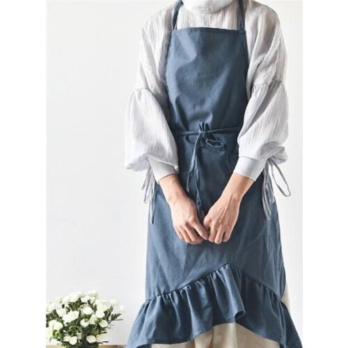 Long Blue Pink Gray Cotton Linen Apron Florist Artist Waitress Barista Uniform Home Cooking Baking Painting Craft Work Wear D34